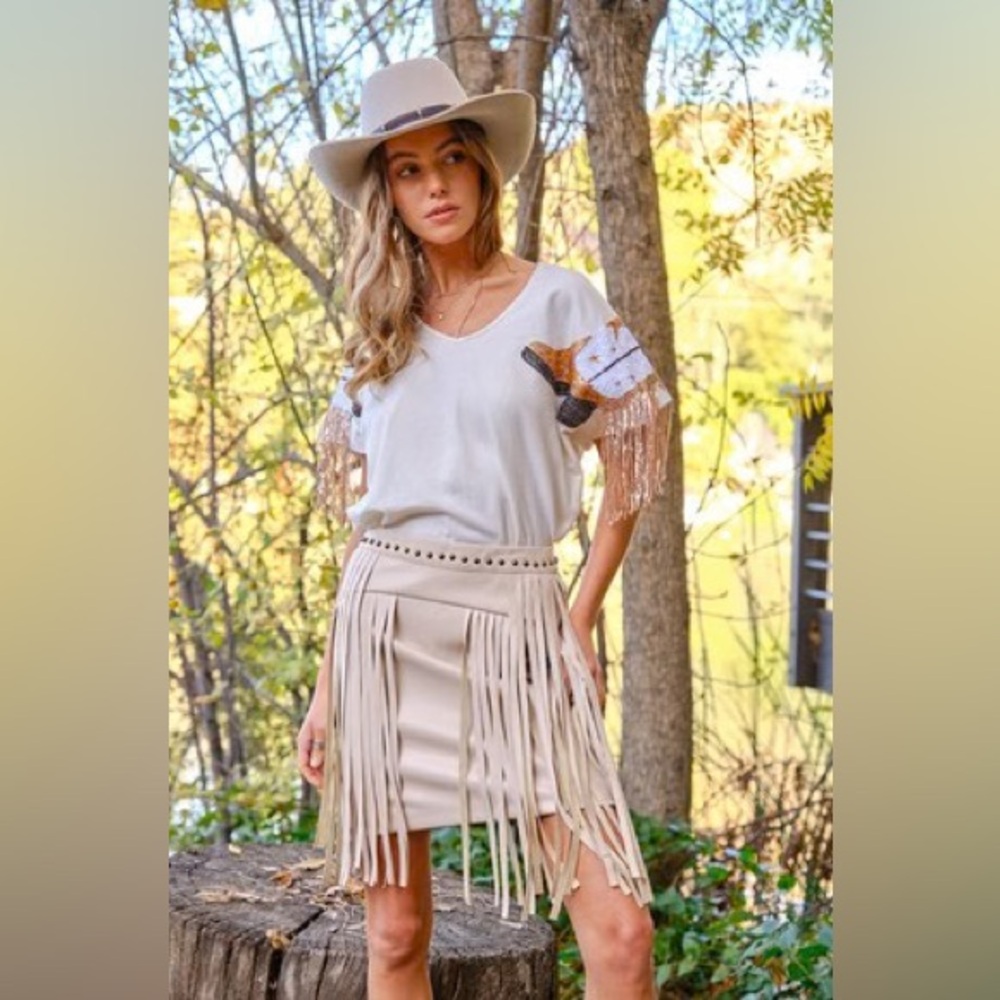 Blue B Tan Fringed Leather Skirt